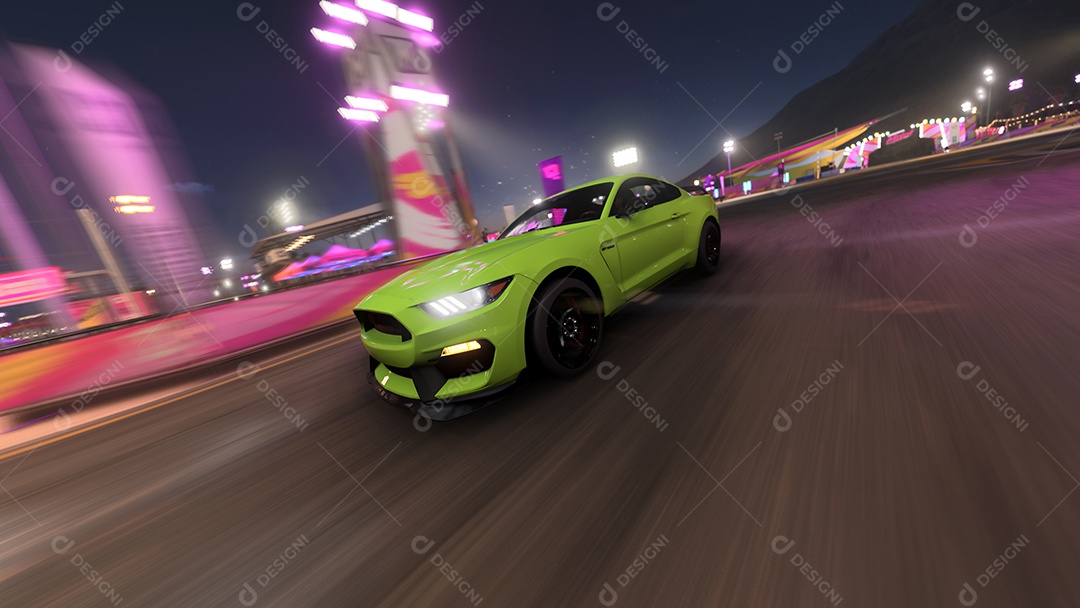 Verde Ford Shelby GT em ilustração 3D panorâmica.