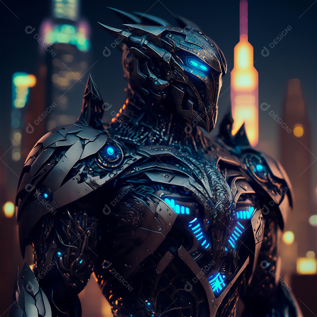 Armadura de néon soldado robô de ficção científica nas ruas da cidade futura. Guerreiro robô futurista militar. Imagem gerada por IA. Visão de retrato seletiva