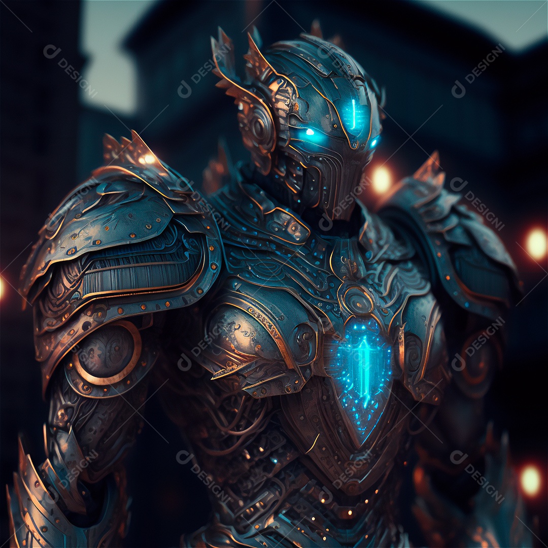 Armadura de néon soldado robô de ficção científica nas ruas da cidade futura. Guerreiro robô futurista militar. Imagem gerada por IA. Visão de retrato seletiva