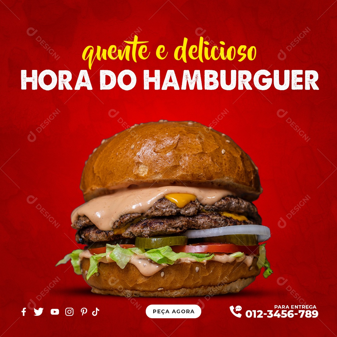 Quente e Delicioso Hora do Hamburguer Social Media PSD Editável