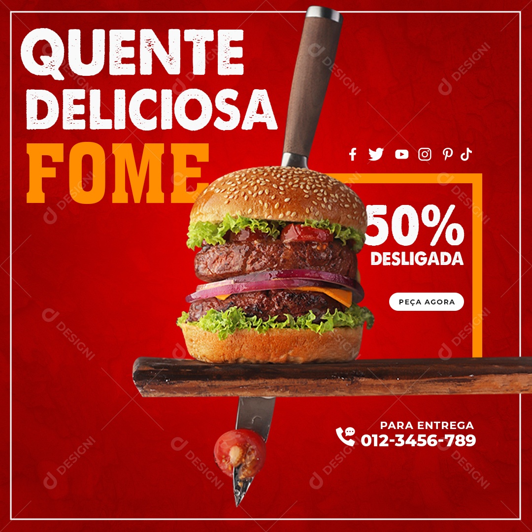 Quente Deliciosa Fome 50% Hamburgueria Social Media PSD Editável