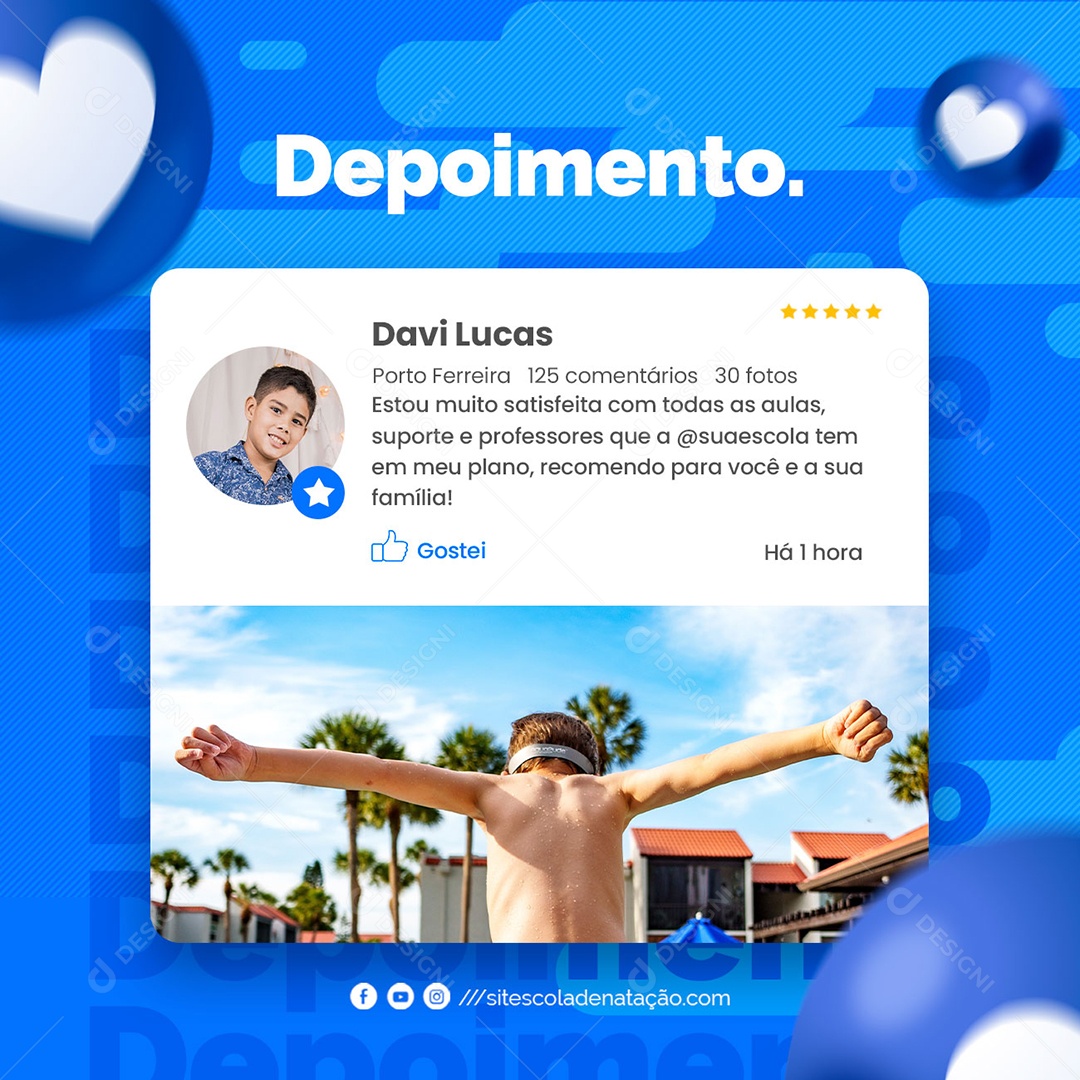 Depoimento Feedback Escola de Natação Social Media PSD Editável