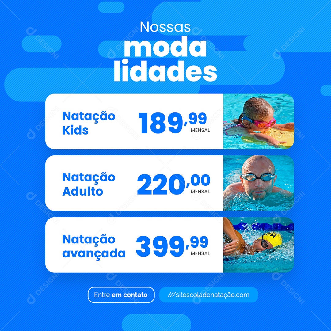 Nossas Modalidades Natação Kids Adulto Escola de Natação Social Media PSD Editável