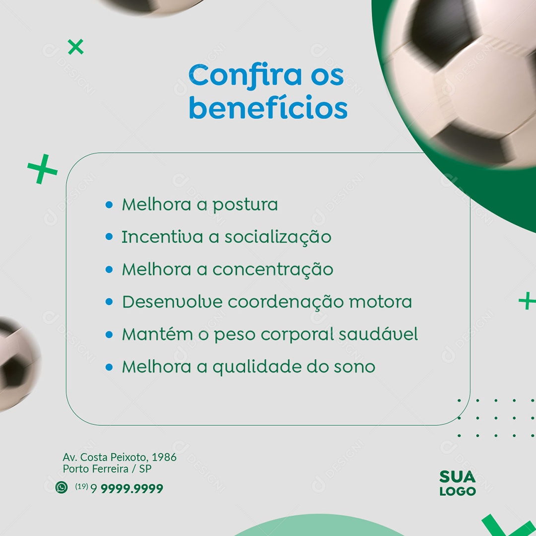 Confira os Benefícios Escolinha de Futebol Social Media PSD Editável