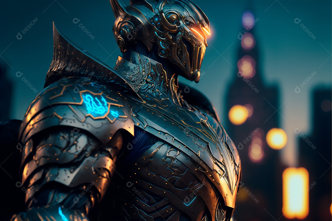 Armadura de néon soldado robô de ficção científica nas ruas da cidade futura. Guerreiro robô futurista militar. Imagem gerada por IA vista de retrato