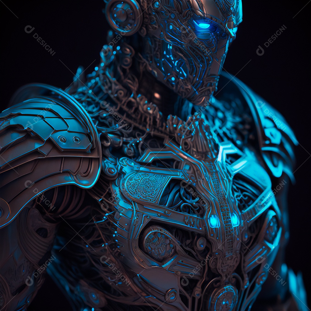 Armadura de néon soldado robô de ficção científica nas ruas da cidade futura. Guerreiro robô futurista militar. Imagem gerada por IA vista de retrato