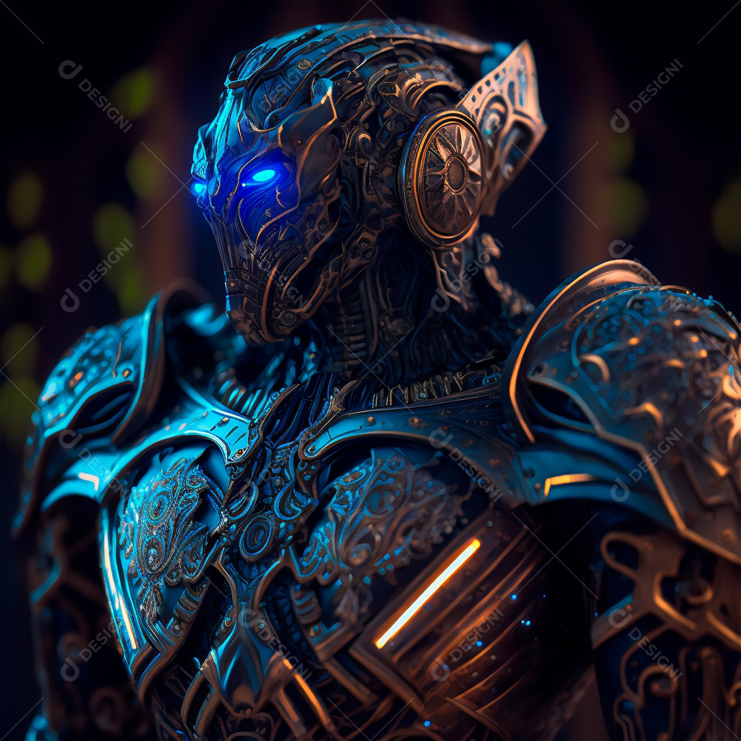 Armadura de néon soldado robô de ficção científica nas ruas da cidade futura. Guerreiro robô futurista militar. Imagem gerada por IA vista de retrato