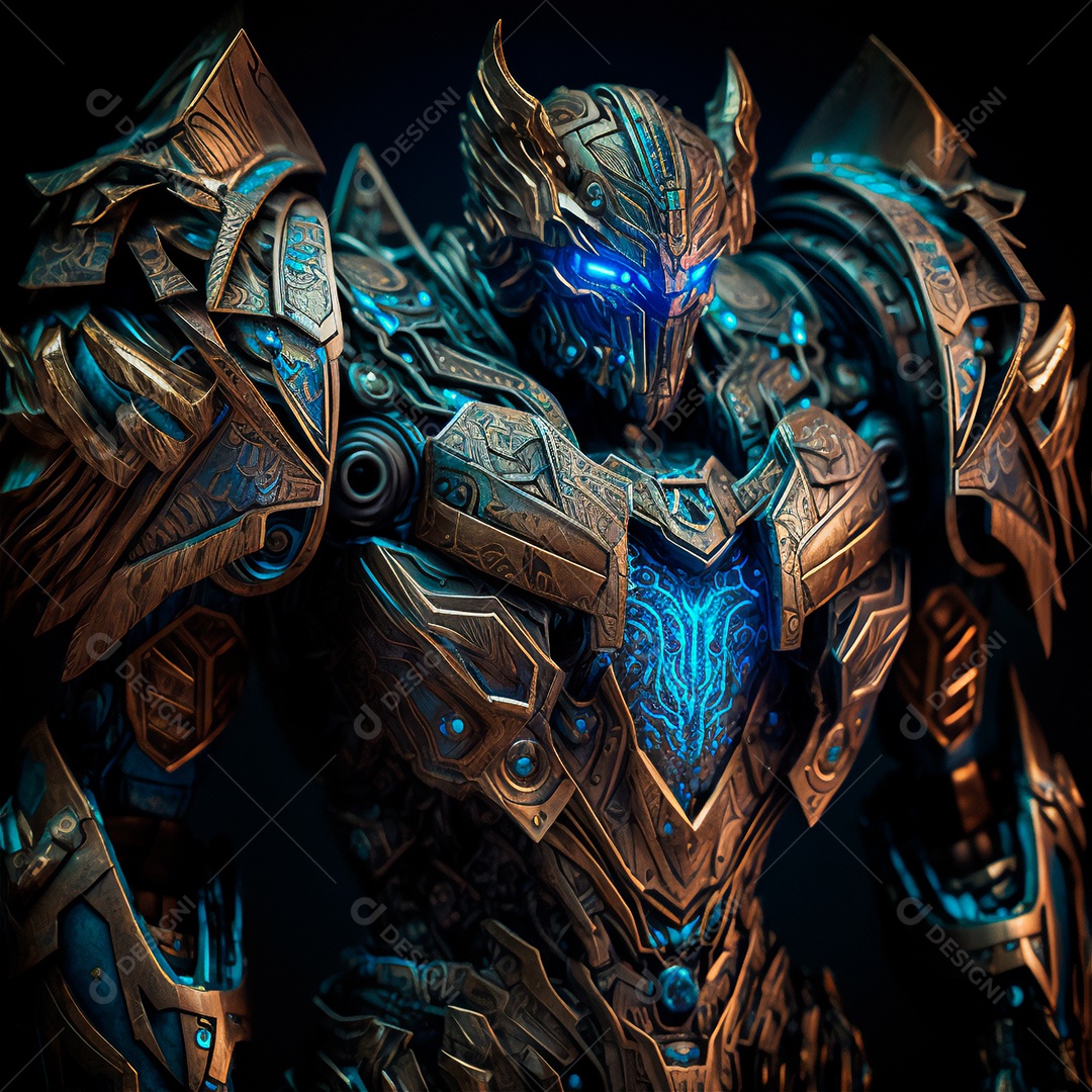 Armadura de néon soldado robô de ficção científica nas ruas da cidade futura. Guerreiro robô futurista militar. Imagem gerada por IA vista de retrato