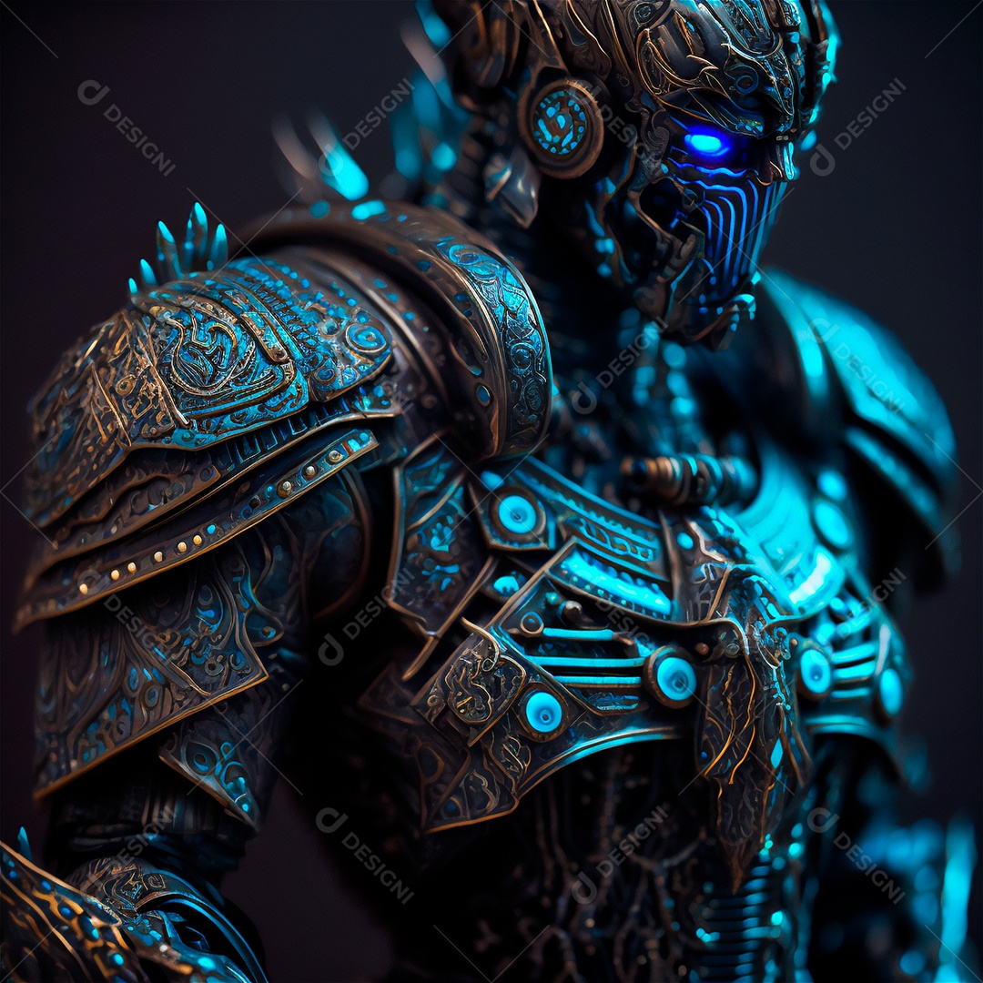 Armadura de néon soldado robô de ficção científica nas ruas da cidade futura. Guerreiro robô futurista militar. Imagem gerada por IA. Foco Seletivo. vista de retrato