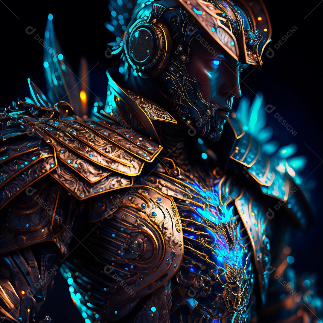 Armadura de néon soldado robô de ficção científica nas ruas da cidade futura. Guerreiro robô futurista militar. Imagem gerada por IA. vista de retrato