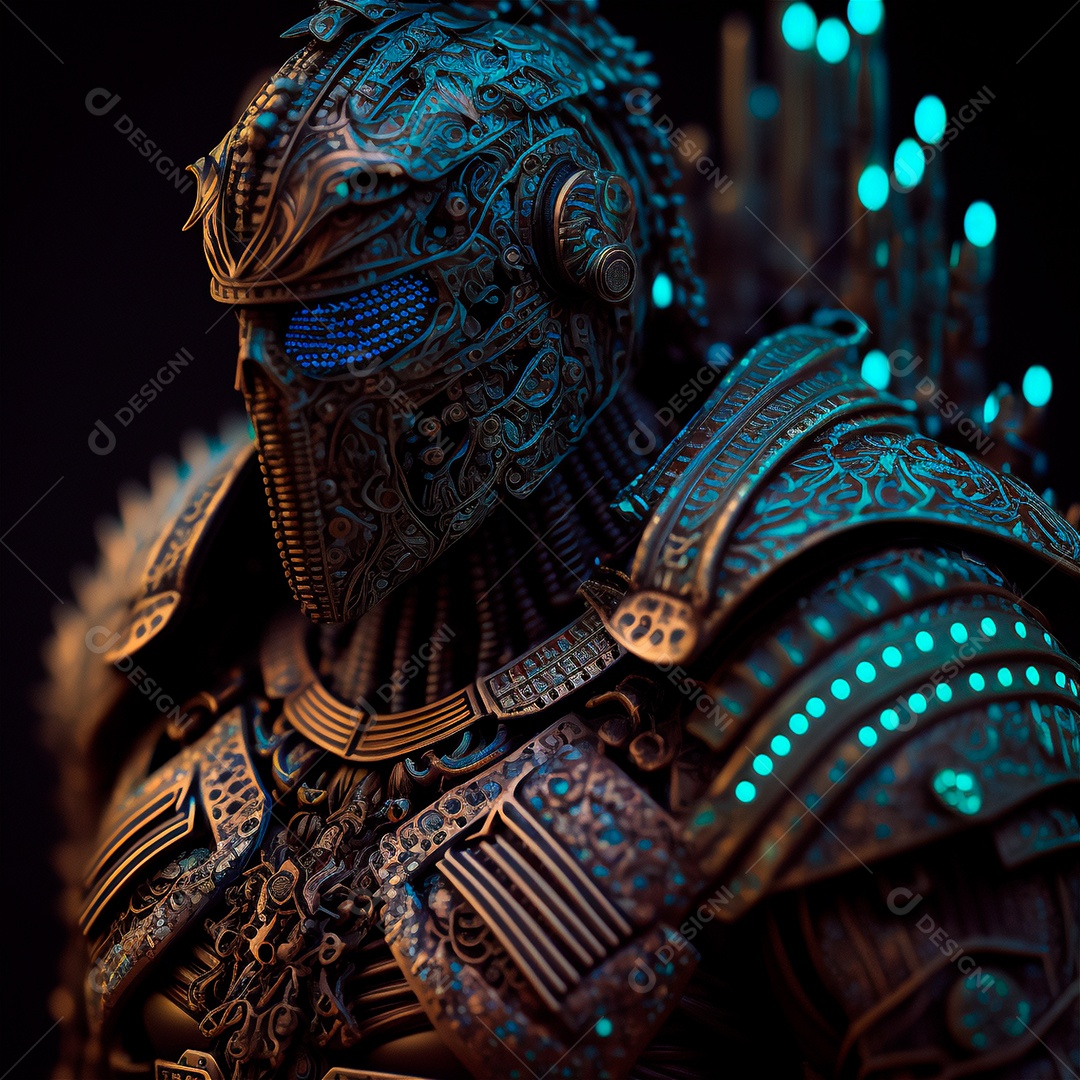 Armadura de néon soldado robô de ficção científica nas ruas da cidade futura. Guerreiro robô futurista militar. Imagem gerada por IA. vista de retrato