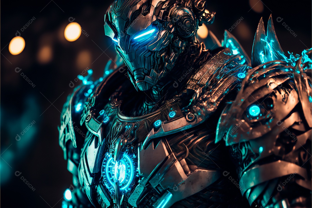 Armadura de néon soldado robô de ficção científica nas ruas da cidade futura. Guerreiro robô futurista militar. Imagem gerada por IA. vista de retrato