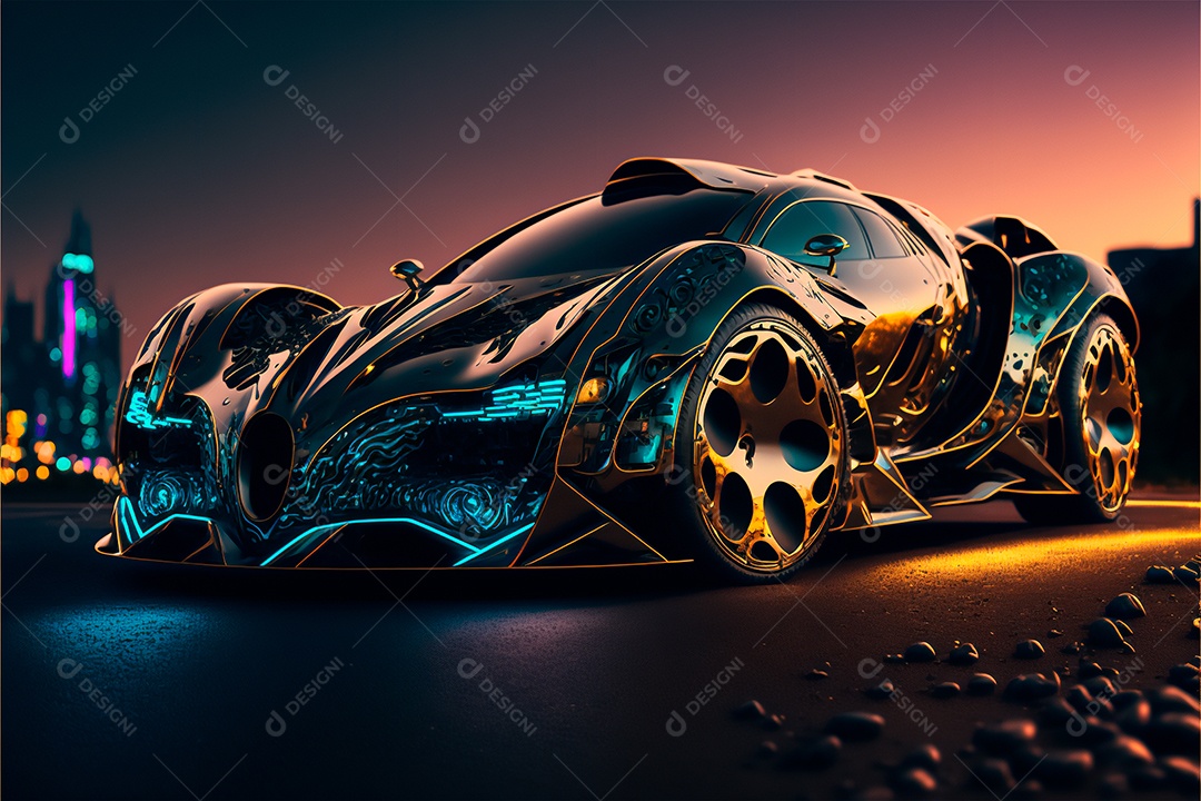 Cena de ficção científica de carro autônomo futurista iluminado. IA gerada conceito de veículo