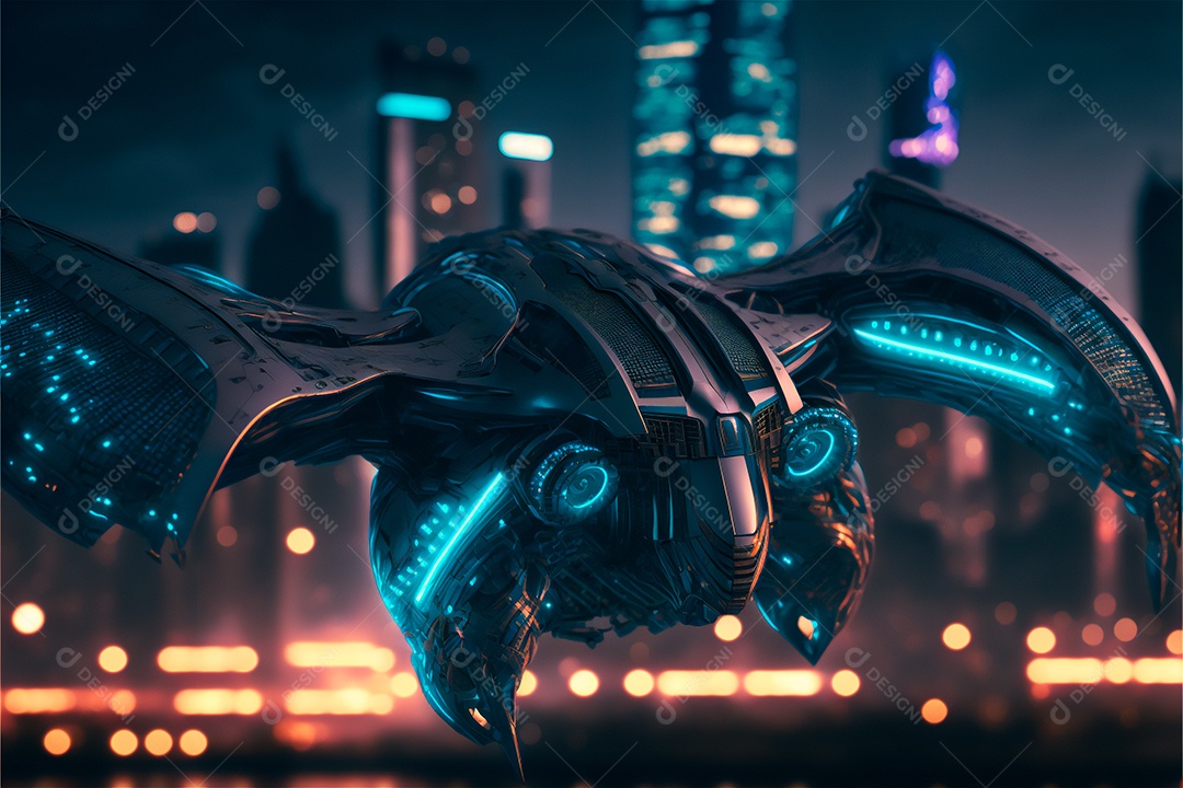 Cena futurista de ficção científica drone voando sobre a cidade. IA gerada. Conceito de máquina