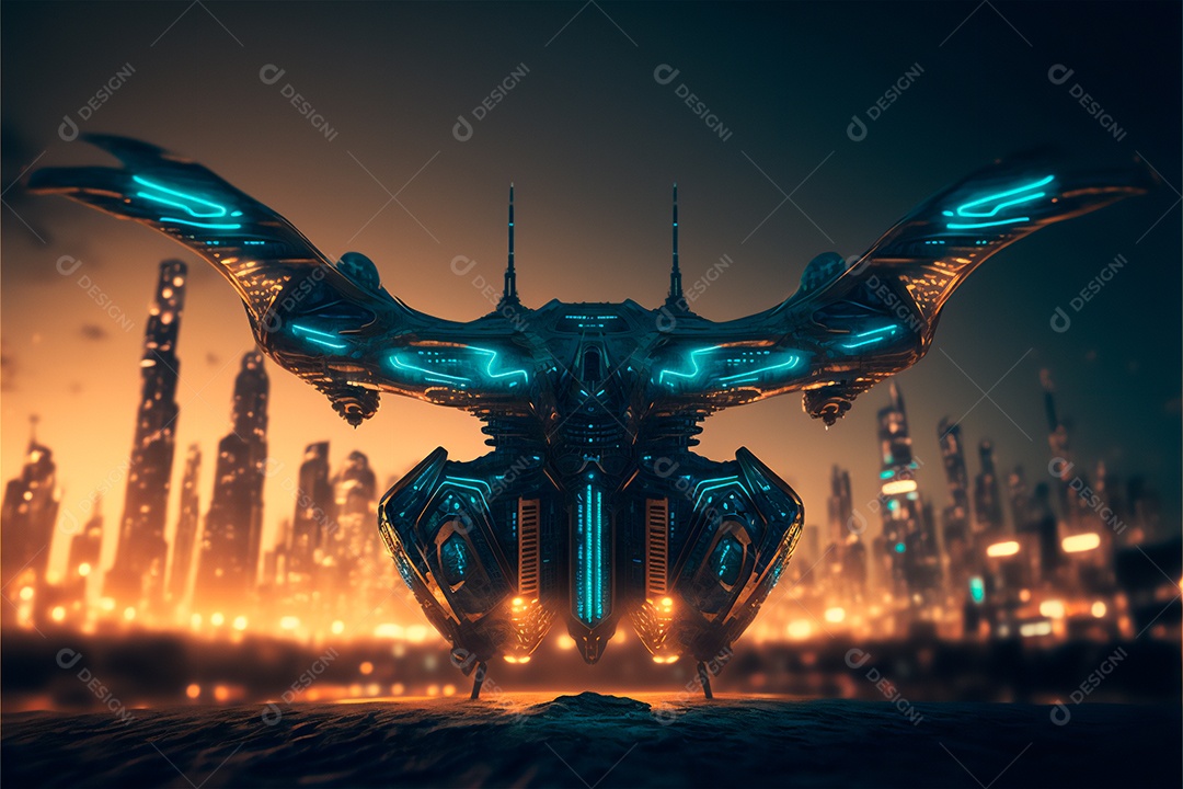 Cena futurista de ficção científica drone voando sobre a cidade. IA gerada. Conceito de máquina