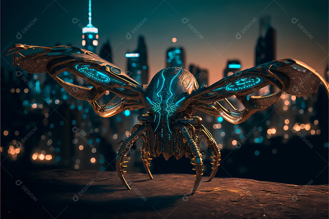 Cena futurista de ficção científica drone voando sobre a cidade. IA gerada. Conceito de máquina