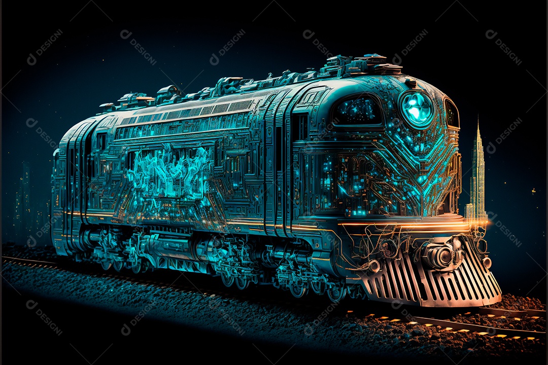 Cena de ficção científica de trem autônomo futurista iluminada. IA gerada. conceito de veículo