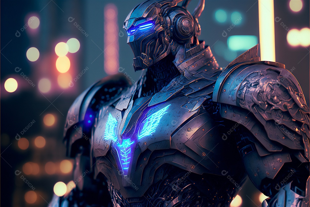 Armadura de néon soldado robô de ficção científica nas ruas da cidade futura. Guerreiro robô futurista militar. Imagem gerada por IA. vista de retrato