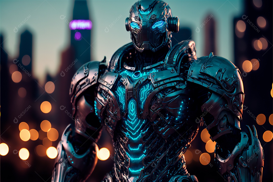 Armadura de néon soldado robô de ficção científica nas ruas da cidade futura. Guerreiro robô futurista militar. Imagem gerada por IA. vista de retrato