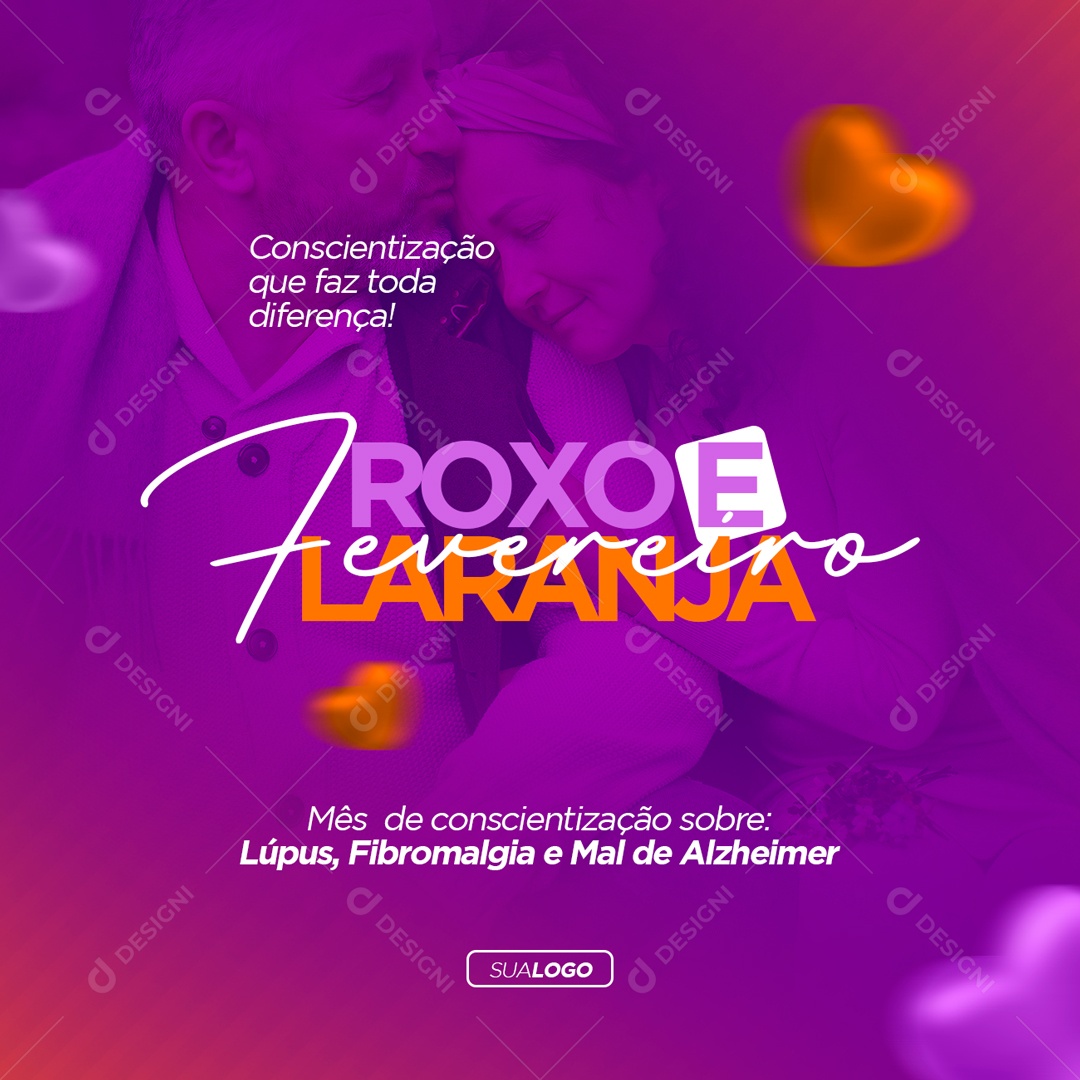Fevereiro Roxo e Laranja Lúpus Alzheimer Fibromialgia Leucemia Social Media PSD Editável