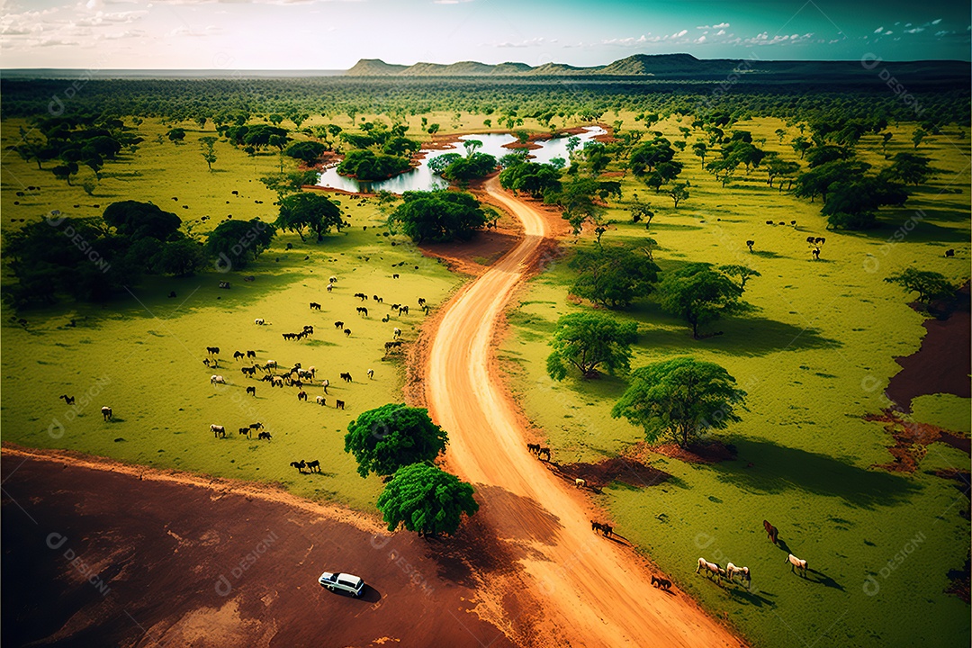Vista aérea de uma estrada rural através de terras agrícolas. Fundo de paisagem natural. ensolarado