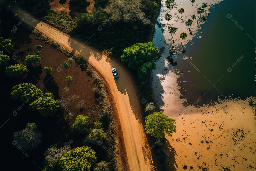 Vista aérea de uma estrada rural através de terras agrícolas. Fundo de paisagem natural. ensolarado