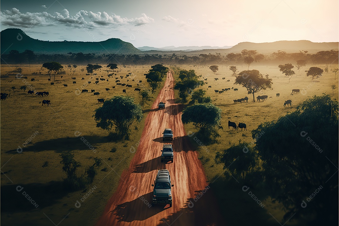 Vista aérea de uma estrada rural através de terras agrícolas. Fundo de paisagem natural. ensolarado