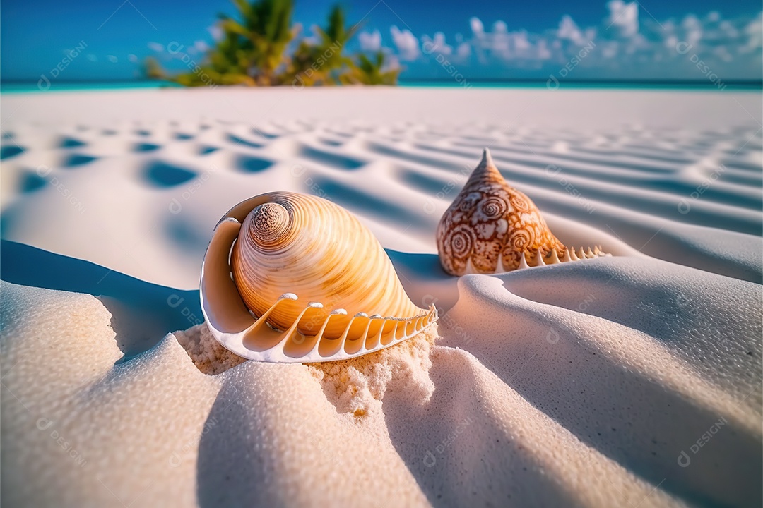 Concha na praia de areia, ensolarada