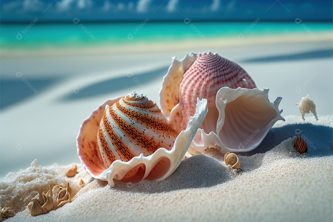 Concha na praia de areia, ensolarada