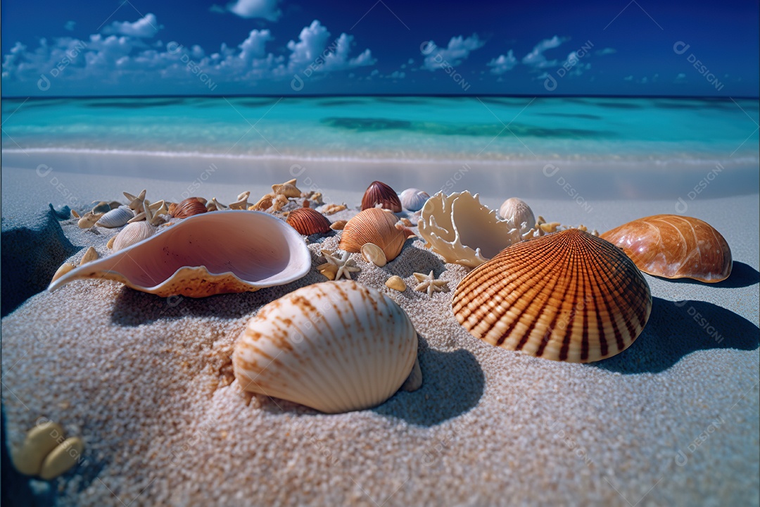 Concha na praia de areia, ensolarada