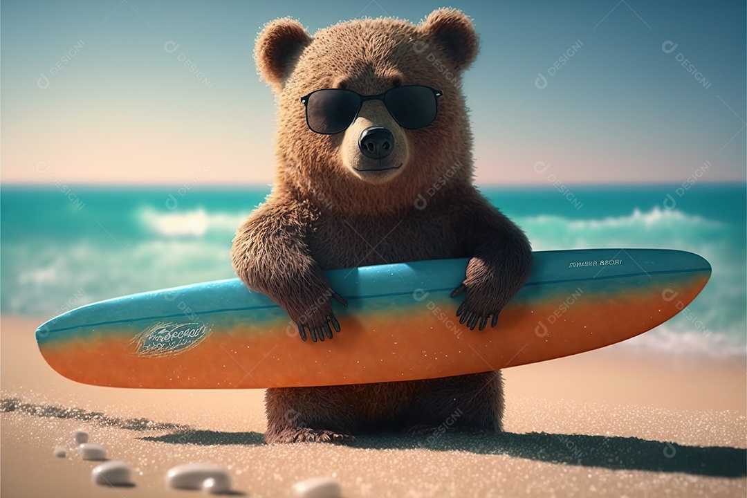 Adorável ursinho em óculos de sol na praia. fofo, engraçado