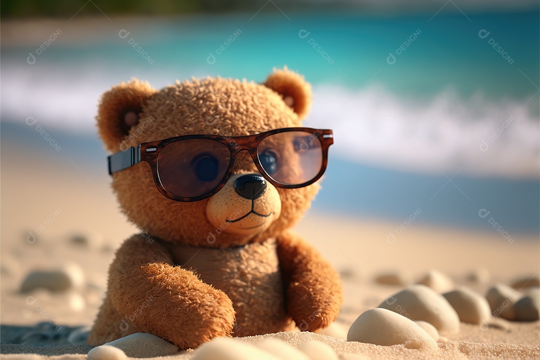 Adorável ursinho em óculos de sol na praia. fofo, engraçado