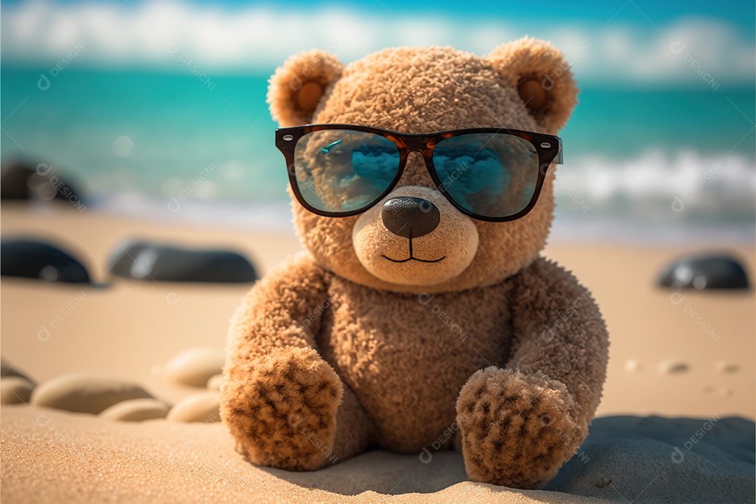 Adorável ursinho em óculos de sol na praia. fofo, engraçado