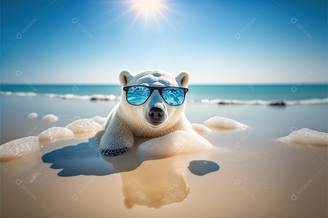 Adorável ursinho em óculos de sol na praia. fofo, engraçado