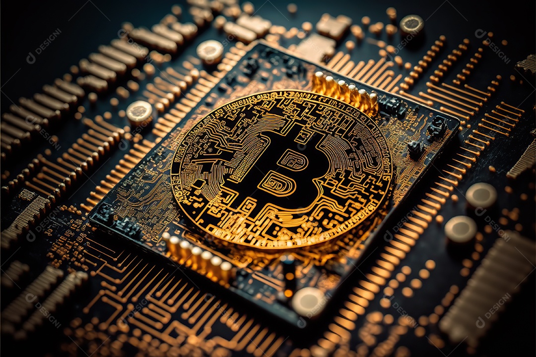 Bitcoin dourado, circuitos, placas, finanças, plano de fundo.