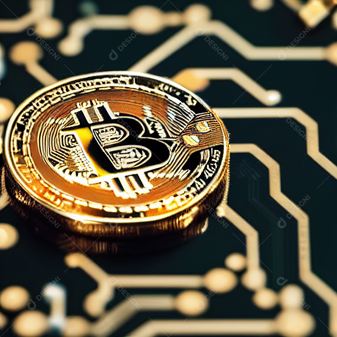 Bitcoin dourado, circuitos, placas, finanças, plano de fundo.