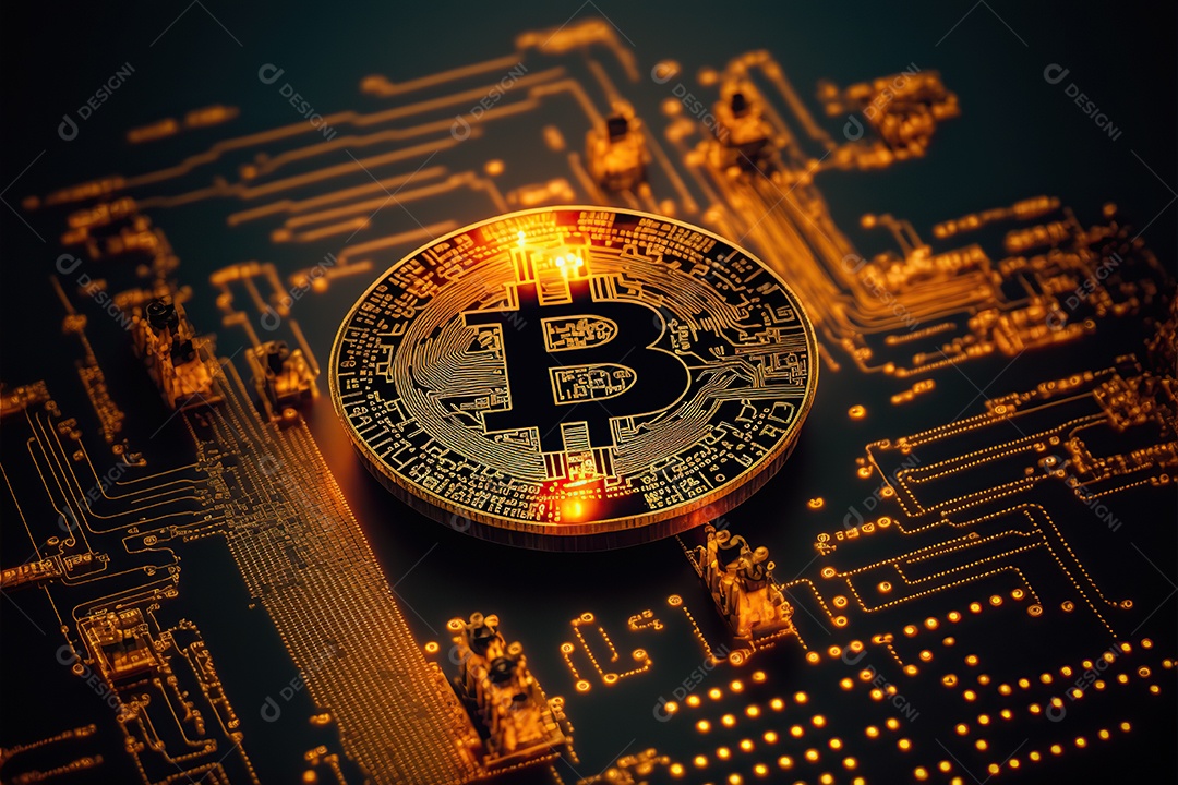 Bitcoin dourado, circuitos, placas, finanças, plano de fundo.