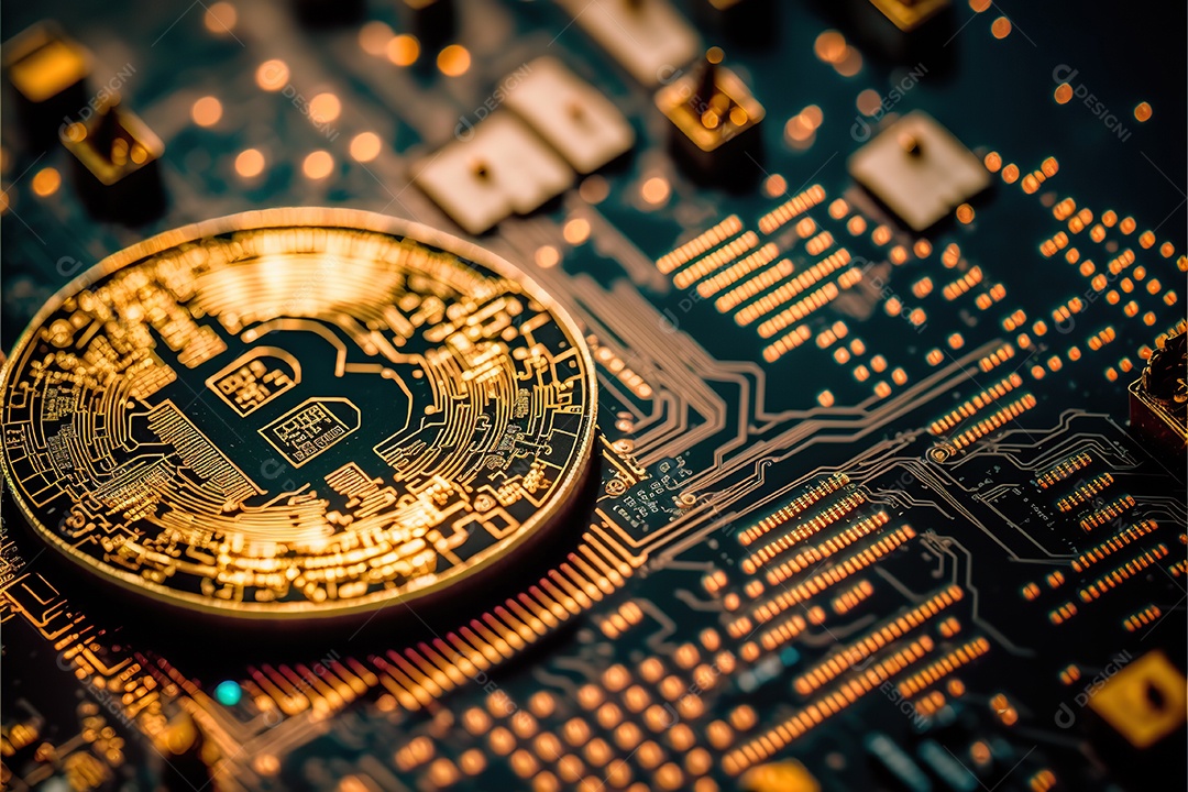 Bitcoin dourado, circuitos, placas, finanças, plano de fundo.