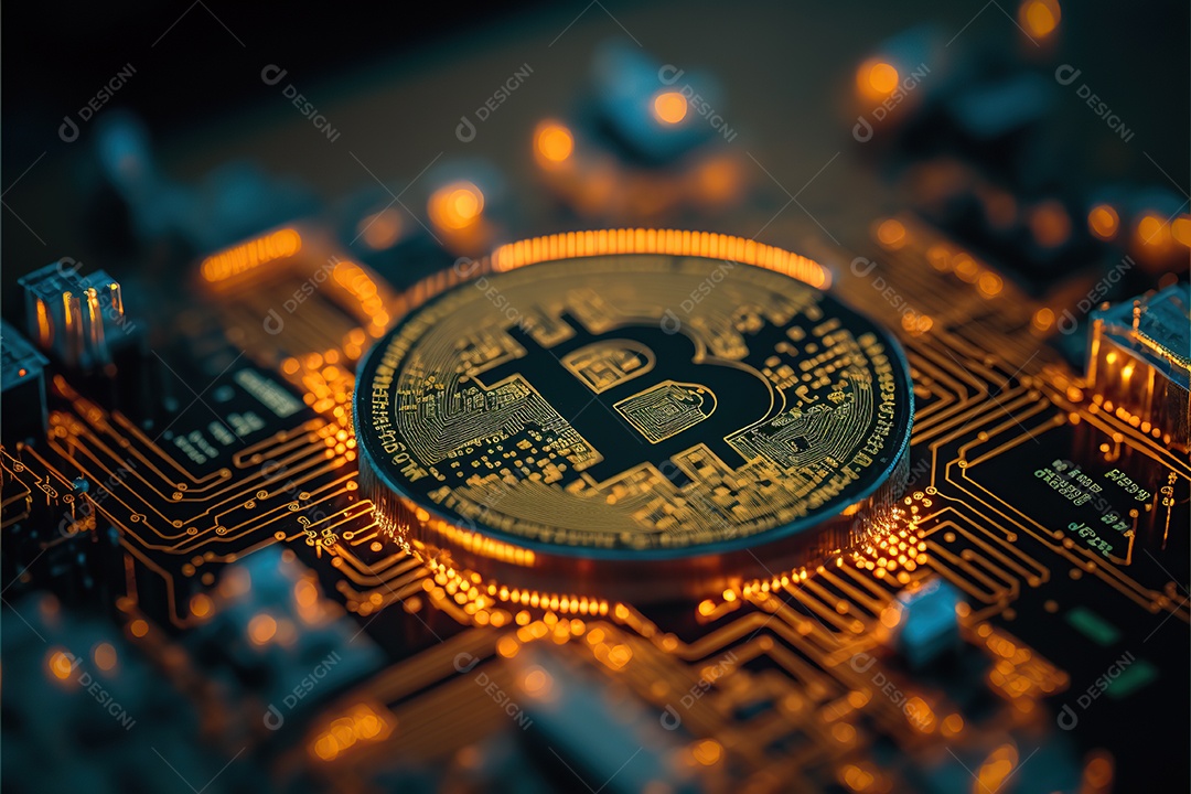 Bitcoin dourado, circuitos, placas, finanças, plano de fundo.