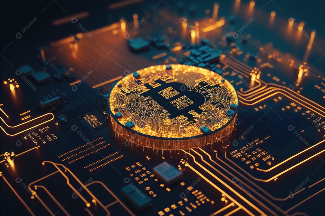 Bitcoin dourado, circuitos, placas, finanças, plano de fundo.