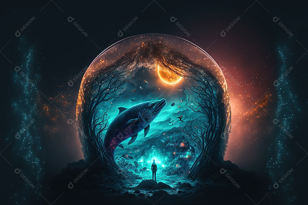 Pintura de luz de baleia, criativo, fantasia, surrealismo, fundo escuro