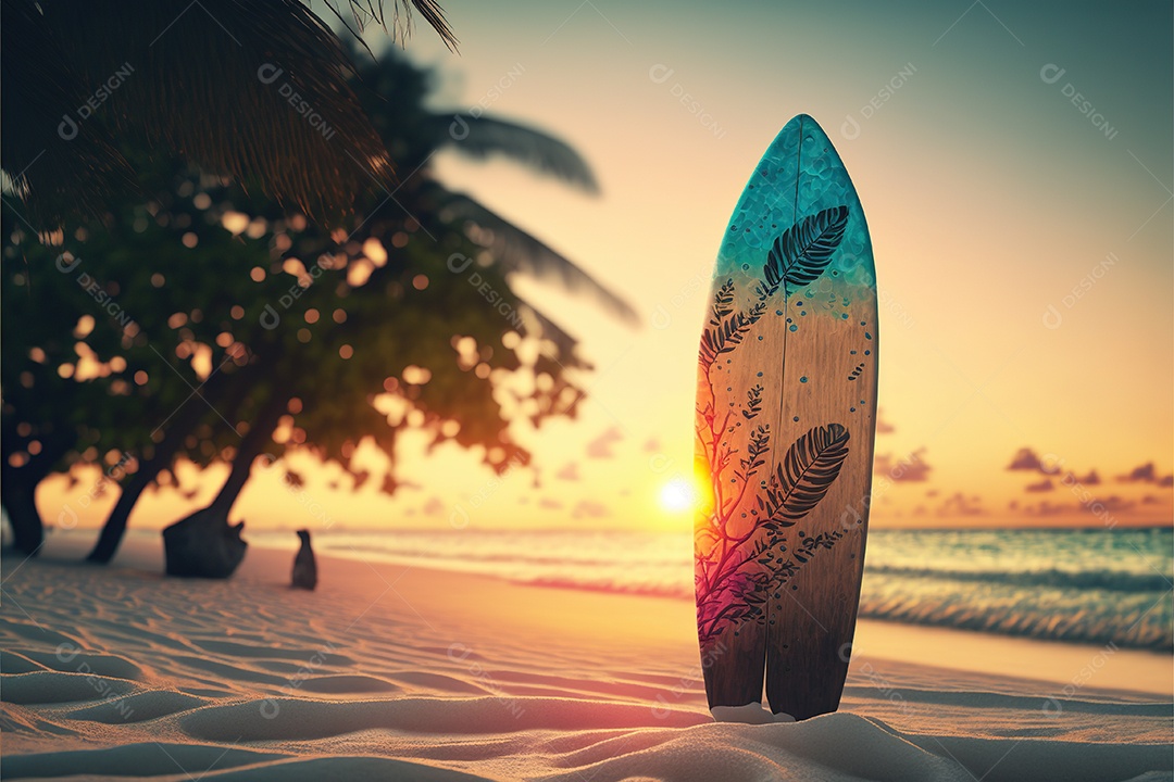 Prancha de surf na praia, sol