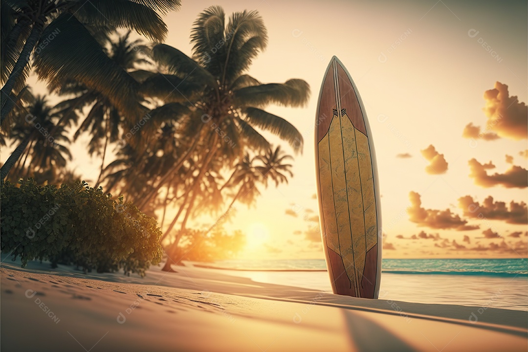 Prancha de surf na praia, sol