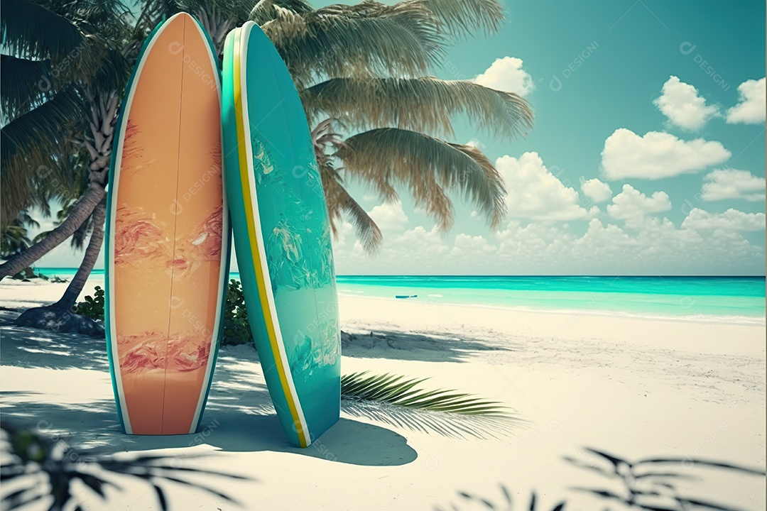 Prancha de surf na praia, sol