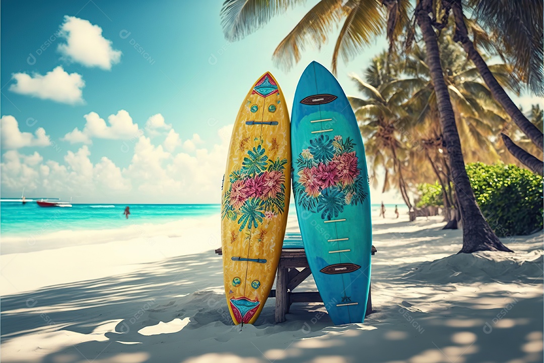 Prancha de surf na praia, sol