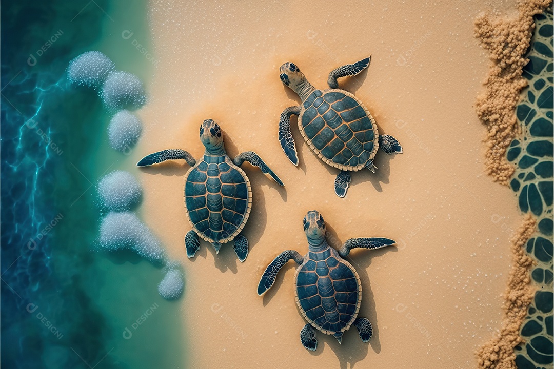 Grupo de pequenas tartarugas na areia da praia caminha para o mar. Ensolarado