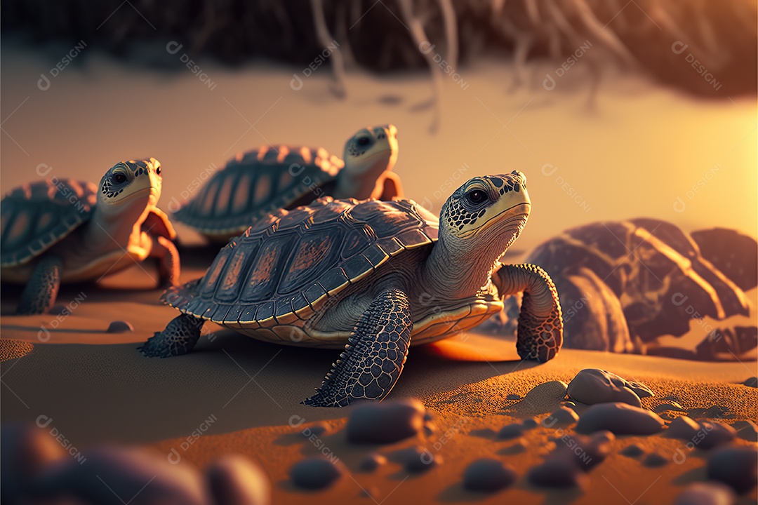 Grupo de pequenas tartarugas na areia da praia caminha para o mar. Ensolarado