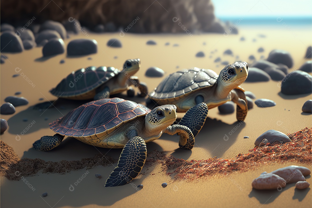 Grupo de pequenas tartarugas na areia da praia caminha para o mar. Ensolarado