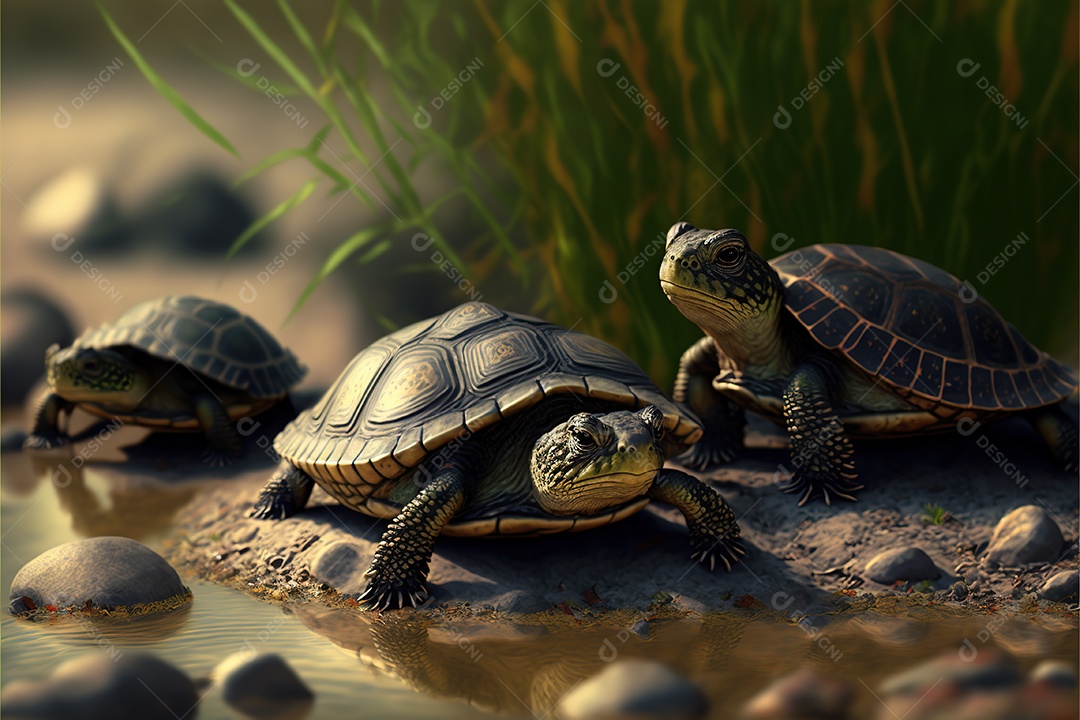Grupo de pequenas tartarugas na areia da praia caminha para o mar. Ensolarado