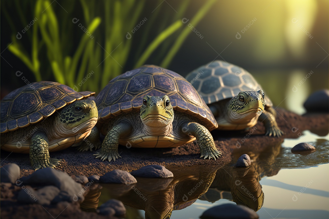 Grupo de pequenas tartarugas na areia da praia caminha para o mar. Ensolarado